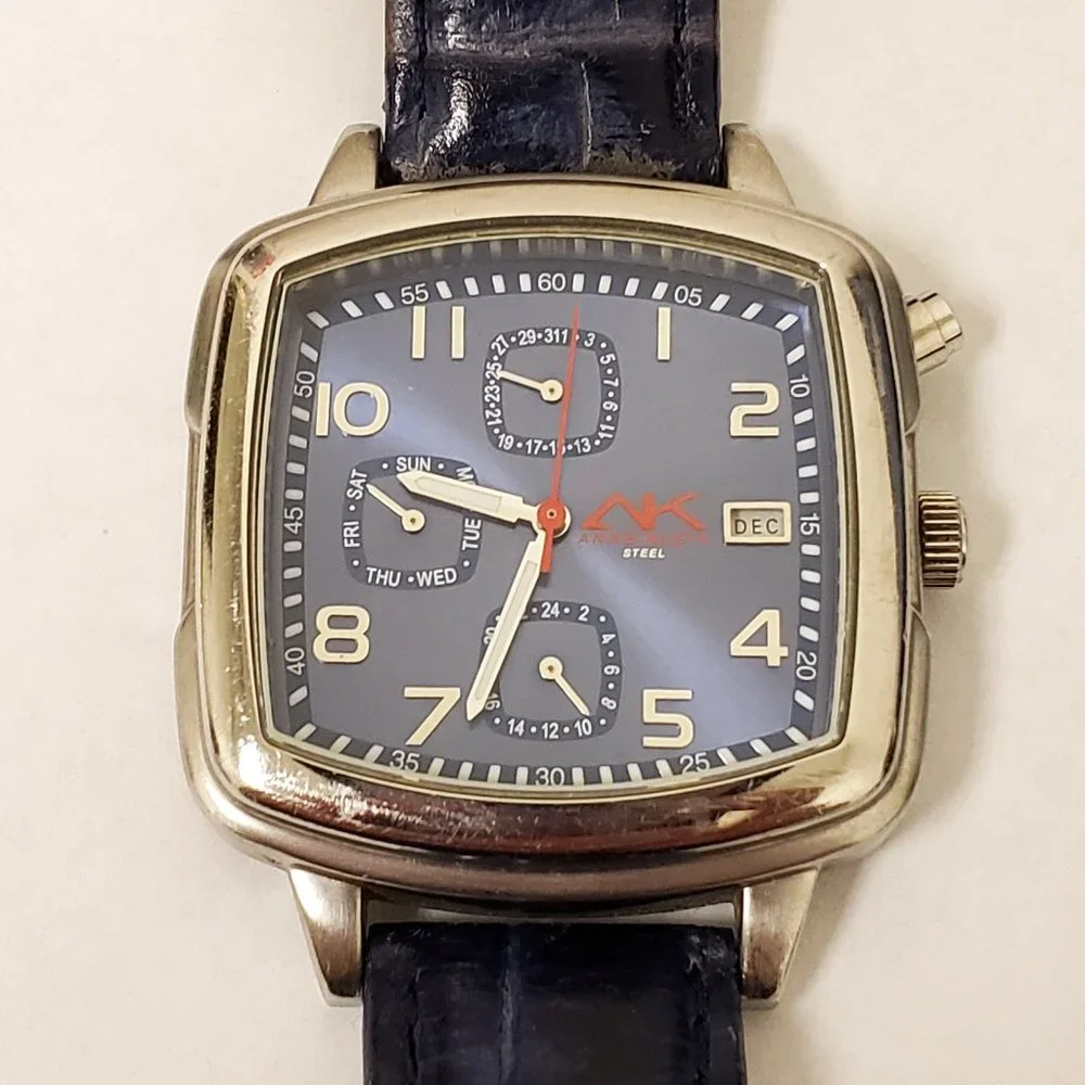 Anne Klein AK Navy Blue Day Date DOW 24-HR Red White Blue Square Face Watch